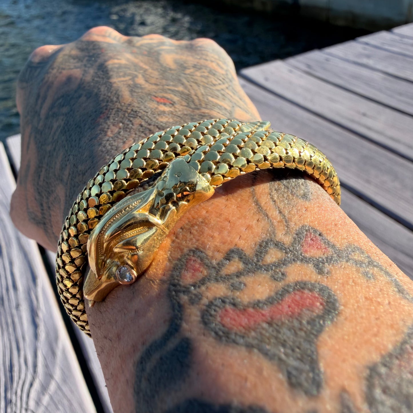 Circa 1940’s Italian Designer 18k Yellow Gold Flexible Mesh Heavyweight Snake Bracelet (6”-7.75”)