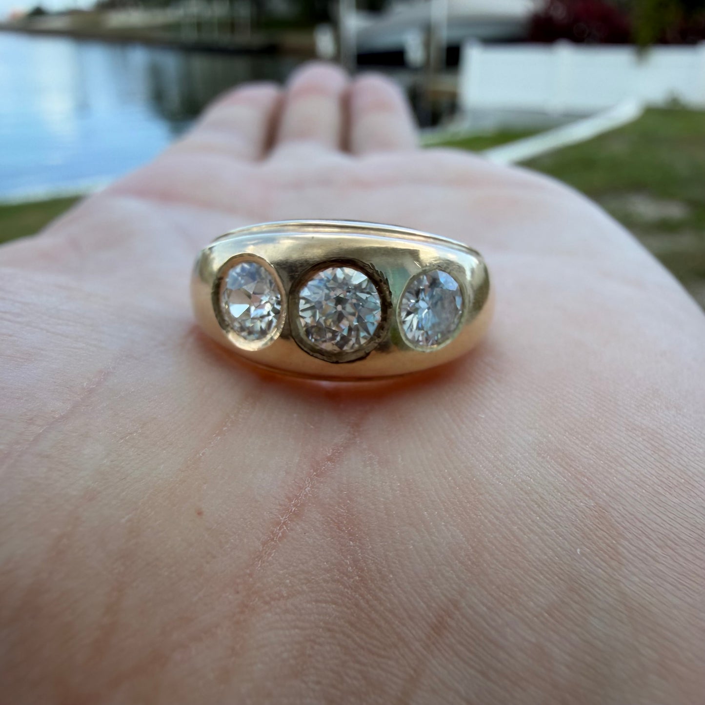 Art Deco Solid 14k Yellow Gold 1.20ctw Natural Old Cut Diamond Gypsy Trilogy Ring (6.5)