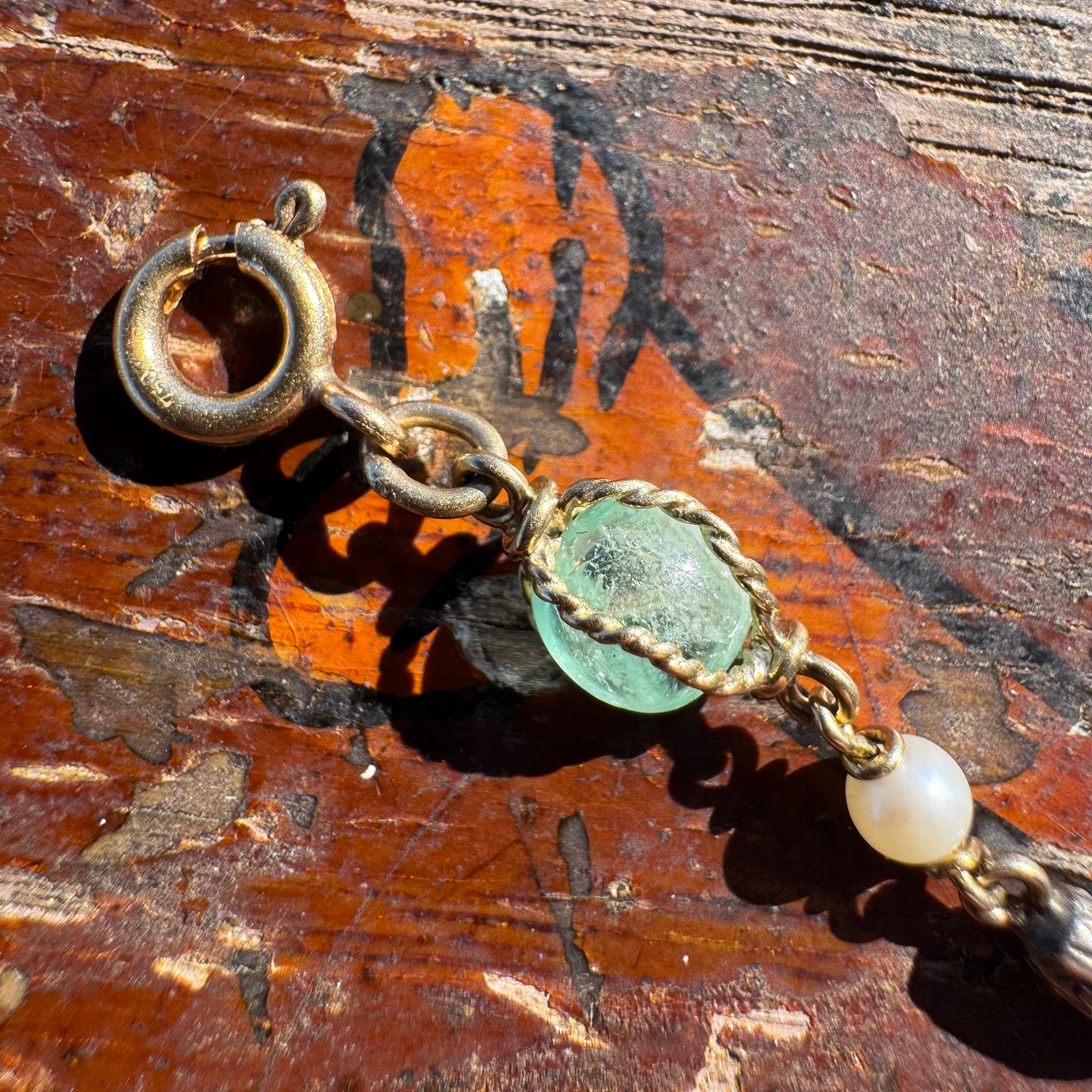 Early 1800’s Georgian Era Solid 18k Yellow Gold Sterling SIlver Rose Cut Diamond Raw Emerald Seed Pearl Bracelet (6.5”)