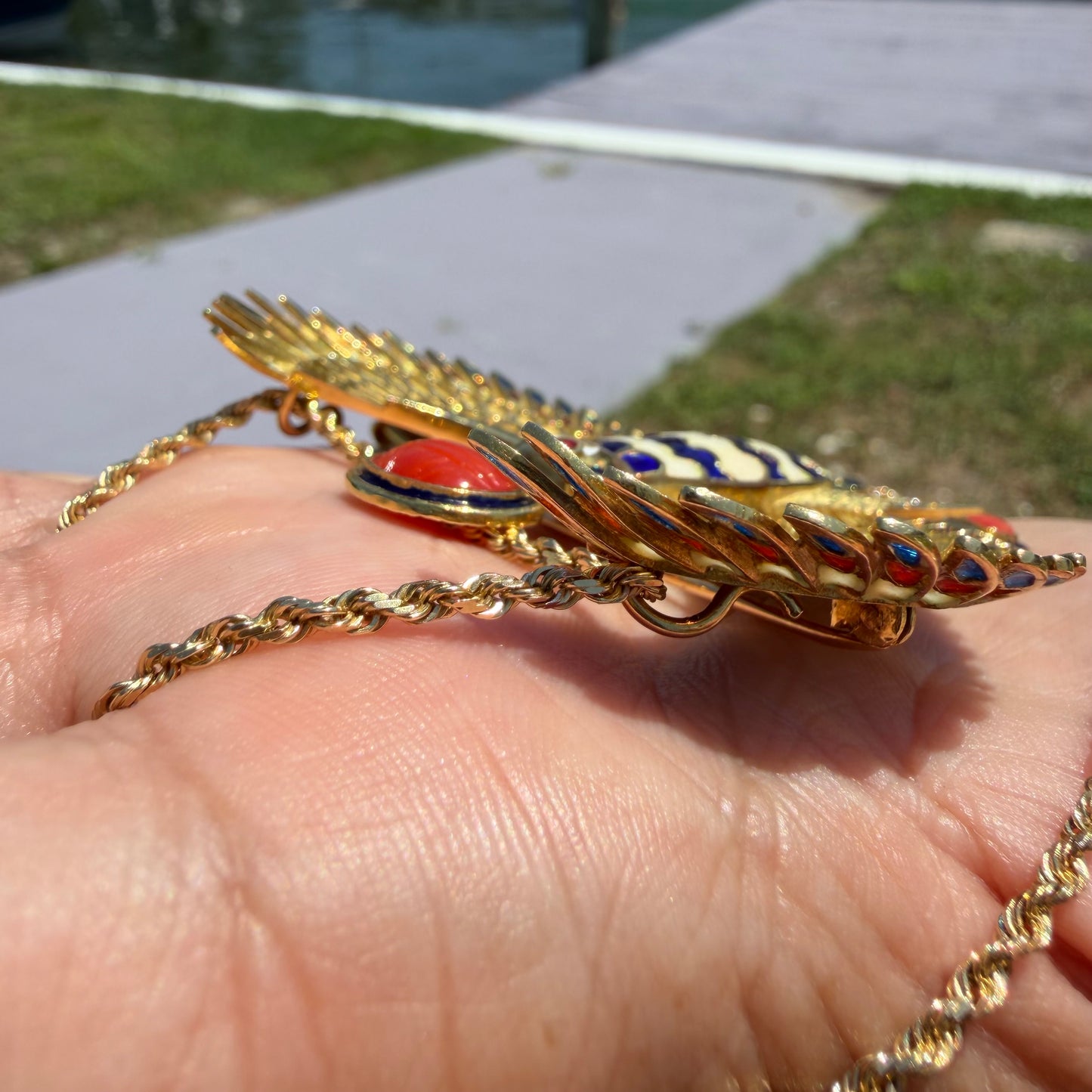 Vintage Solid 18k Yellow Gold Plique-à-Jour Large Egyptian Revival Horus Falcon Pendant/Brooch