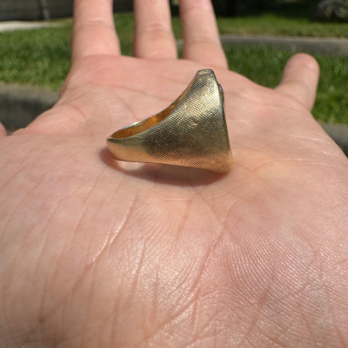 Mid-Century 14k Yellow Gold Natural Diamond Julius Caesar Mafioso Style Signet Ring (8.5)