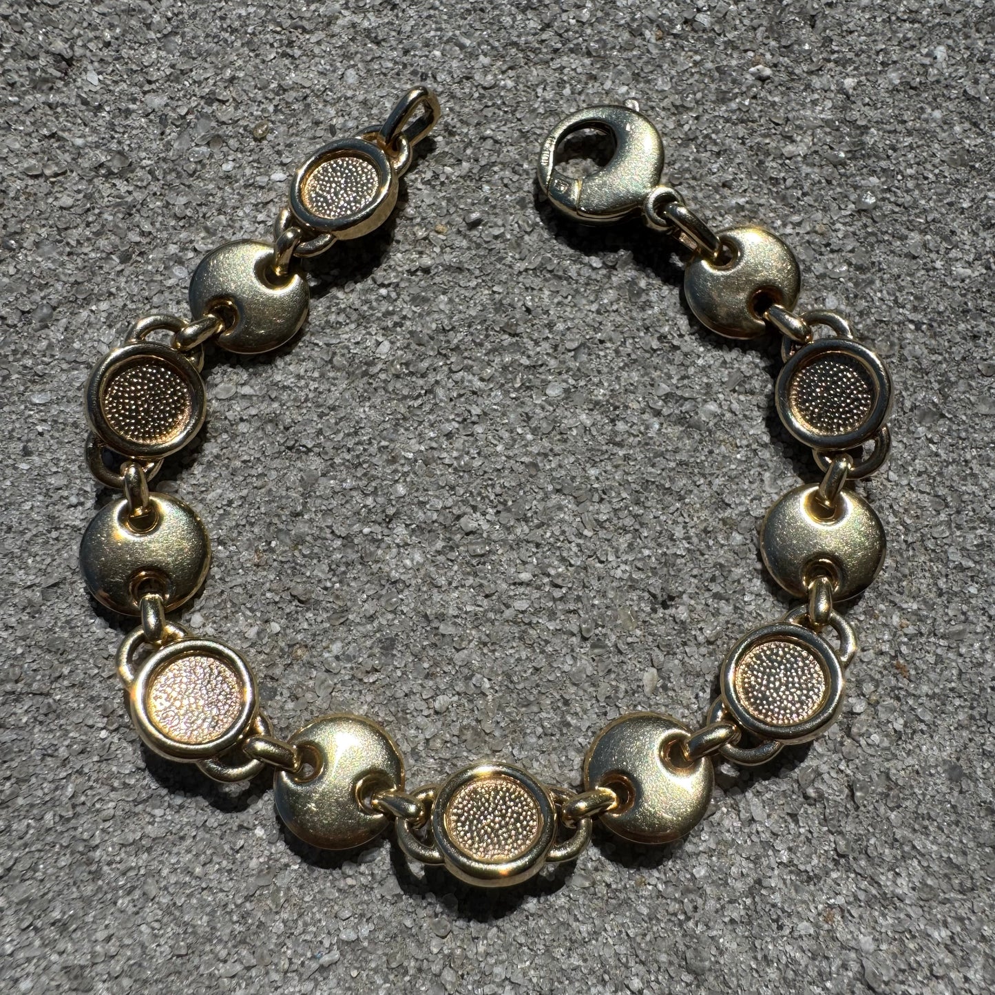 Vintage Solid 14k Italian Yellow Gold Bezel Set Multi Stone Heavyweight Puffed Gucci Bracelet (7.5”)