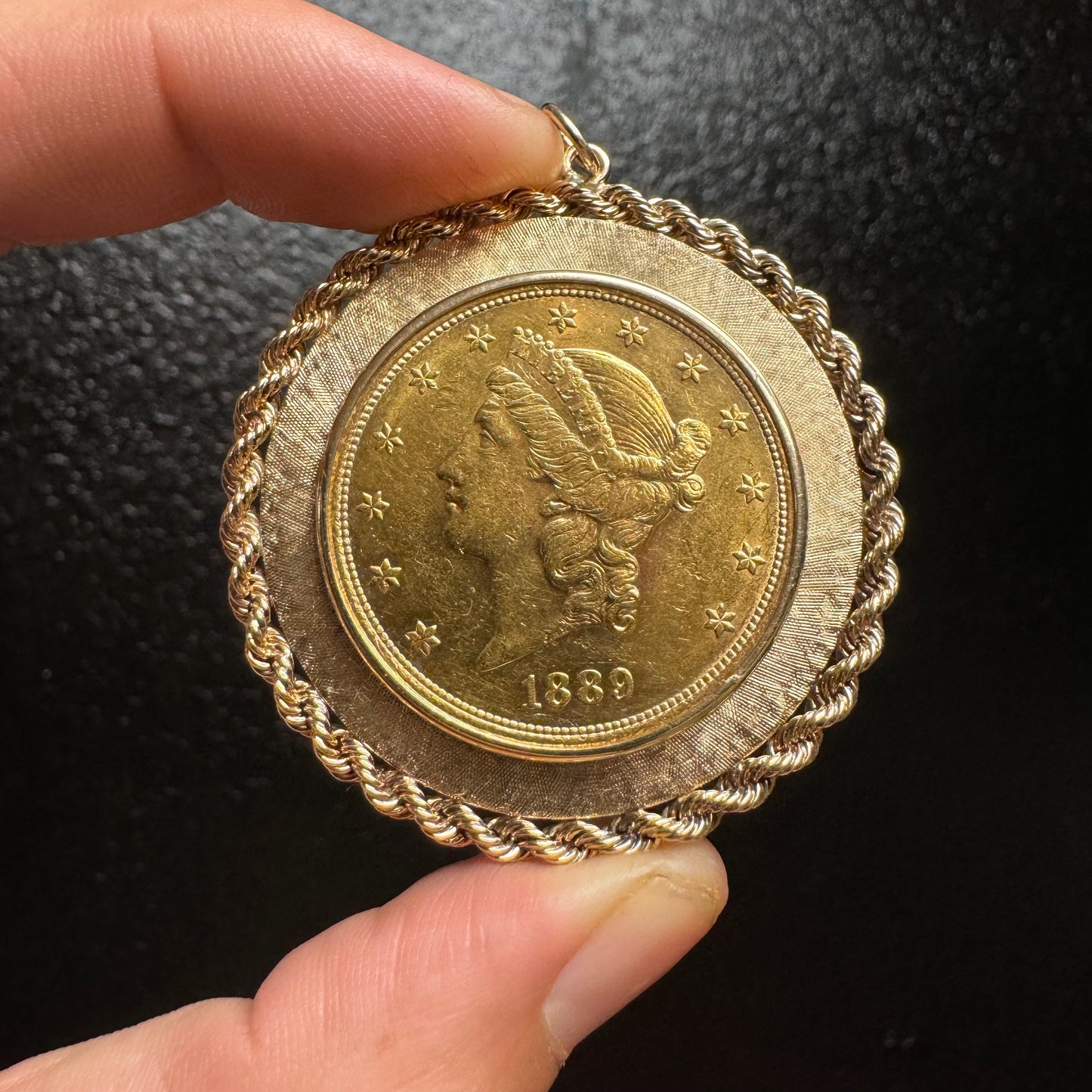 1889 $20 Liberty Head Double Eagle Gold Coin Large 14k Pendant