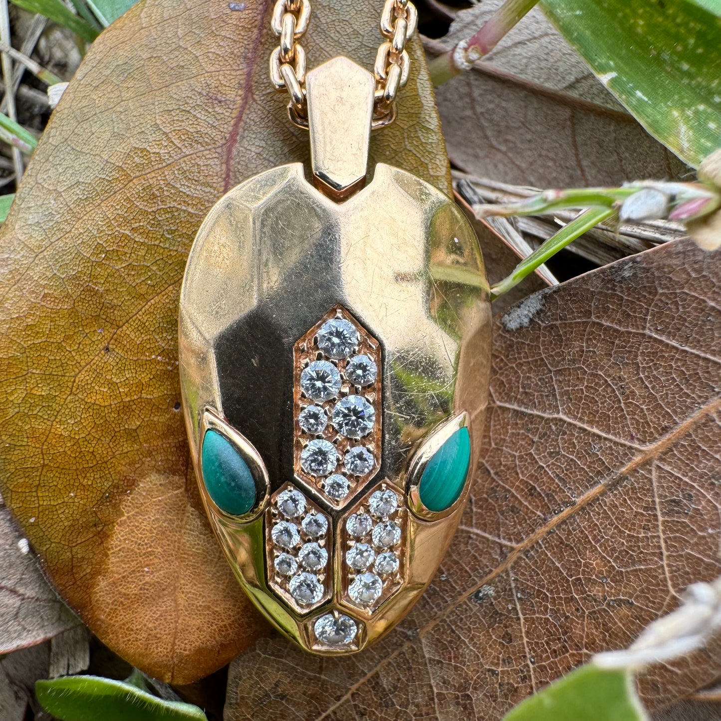 Bvlgari 18k Gold VVS Diamond And Malachite “Serpenti” Necklace (17.5”) With 14k Interlocking Double Chain Link (21”)