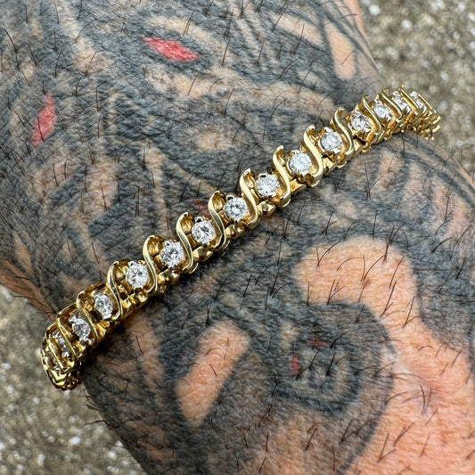 Vintage 2.25CTW Natural Diamond 14k Yellow Gold S-Link Tennis Bracelet (7.15”)