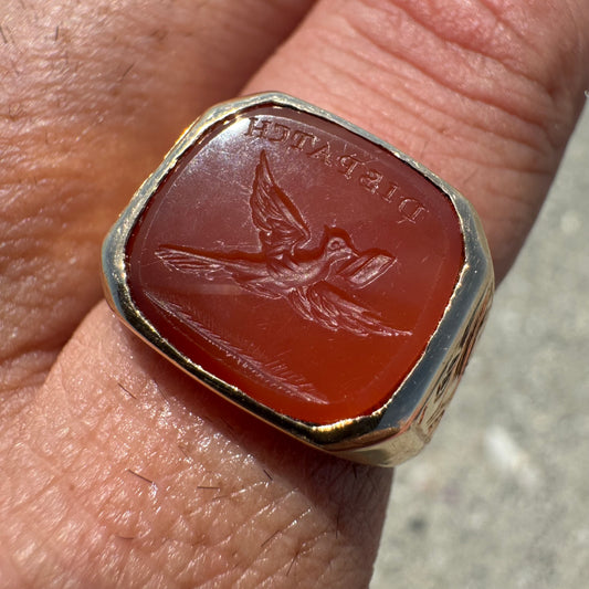1800’s Victorian 14k Yellow Gold Carnelian Intaglio “Dispatch” Pigeon Post Signet Ring (7-7.5)