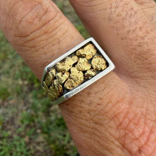Vintage Solid Sterling Silver 23k Raw Natural Gold Placer Nugget Signet Ring (11)