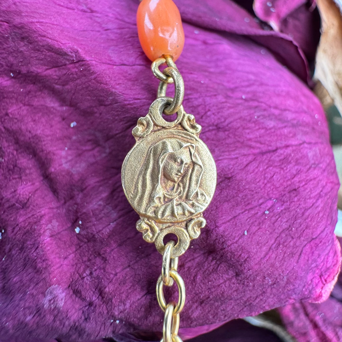 Antique French Hallmarked 18k Yellow Gold Angel Skin Coral Rosary Necklace (23”)