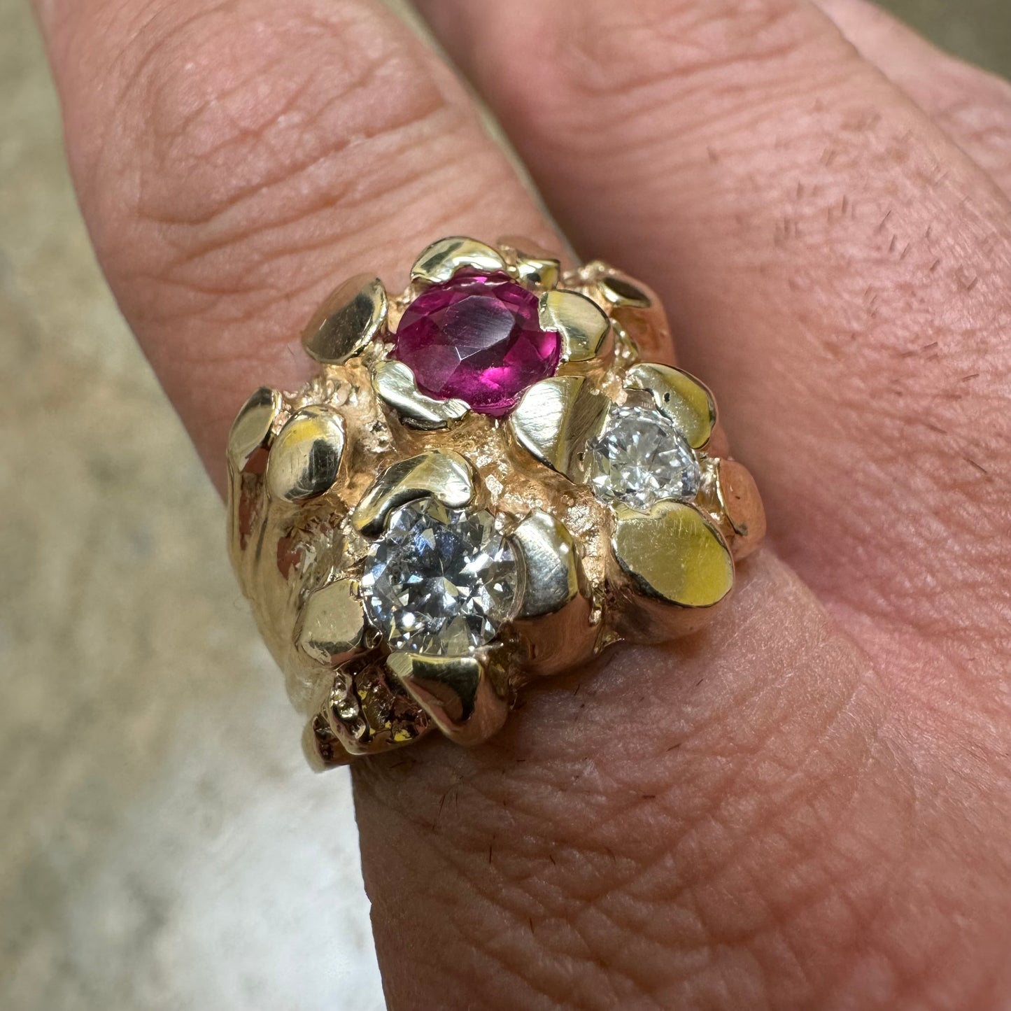 Vintage 14k Yellow Gold 1.25Ctw Natural Diamond 1.0Ct Ruby Nugget Ring (9.5)