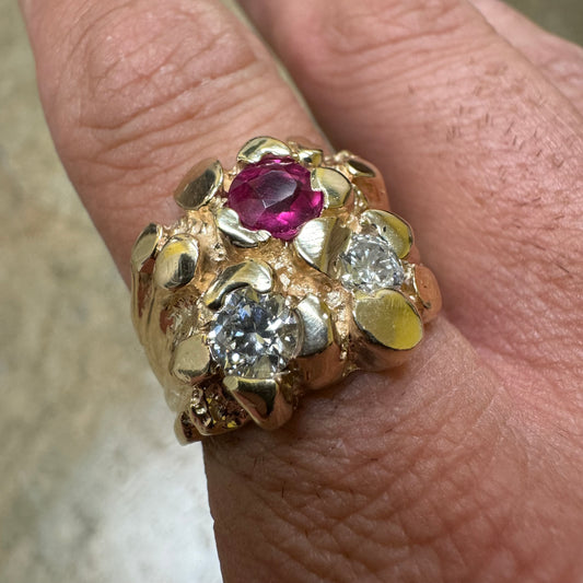 Vintage 14k Yellow Gold 1.25Ctw Natural Diamond 1.0Ct Ruby Nugget Ring (9.5)