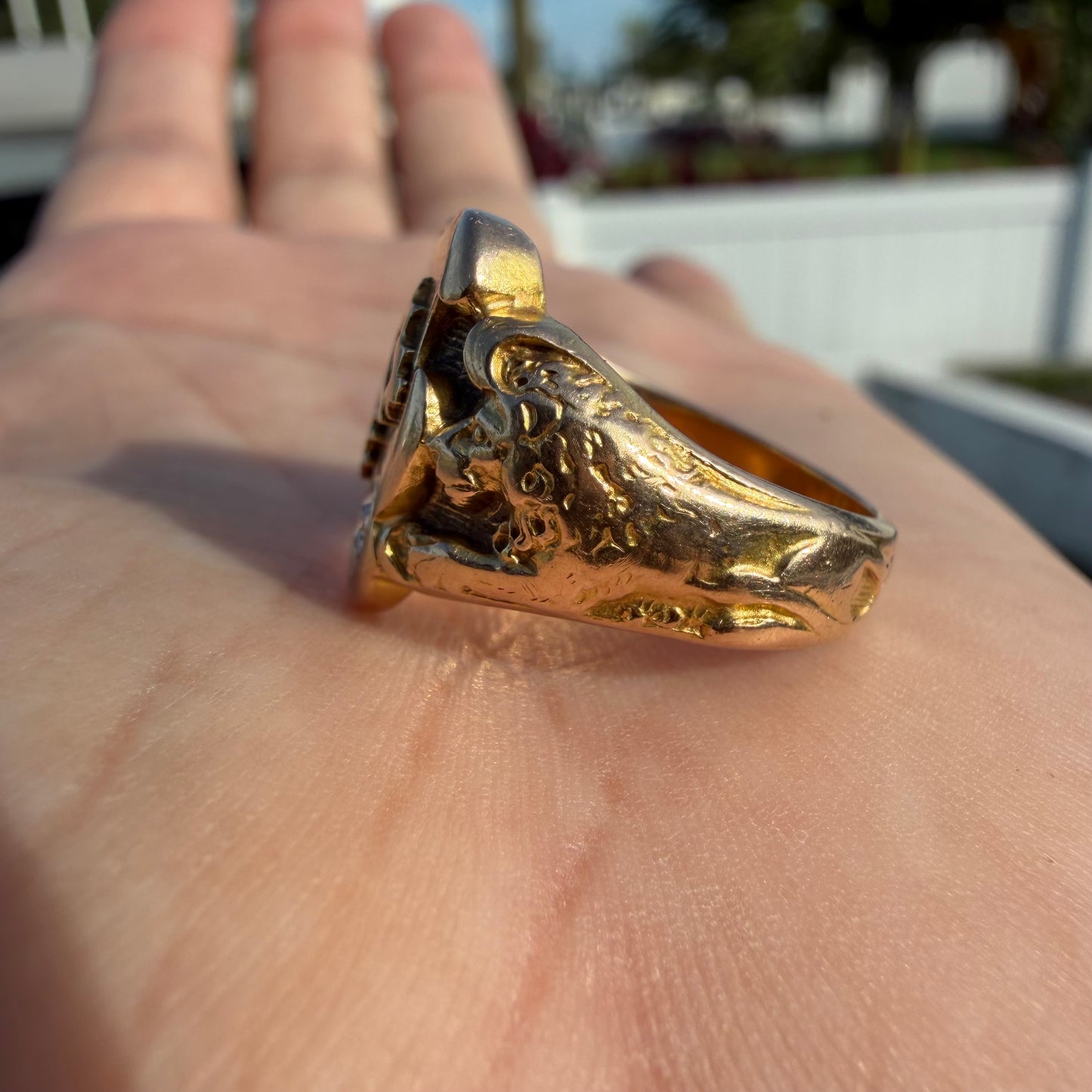 1910’s Solid 14k Yellow Gold Natural Old Mine Cut Diamond Double Lion Signet Ring (7.5)