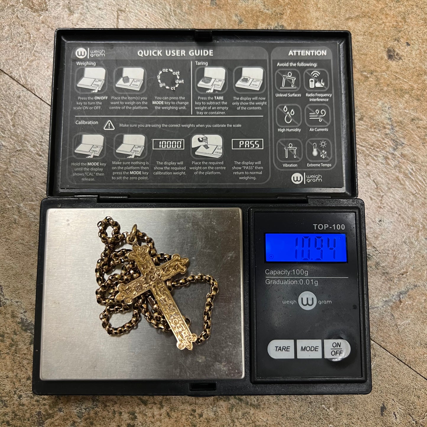 Edwardian (1904) 9k Gold Gothic Floral Engraved Cross And Rolo Link Necklace (19”)