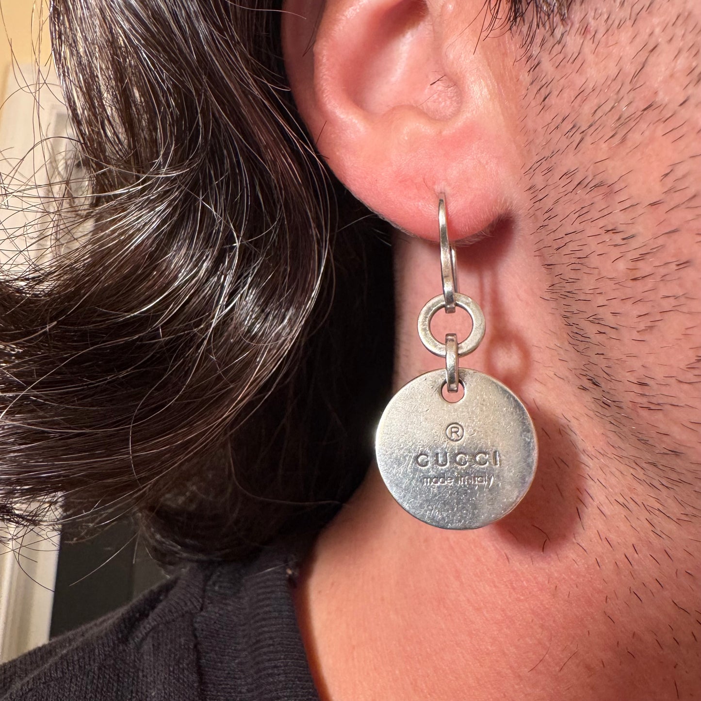 Gucci Solid Sterling/.925 Medallion Disc Monogram Dangle Drop Earrings