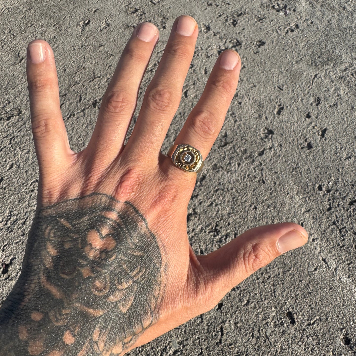 Vintage 14k Yellow Gold .35ct Natural Diamond 22k Raw Gold Nugget Inlaid Signet Ring (8.5)