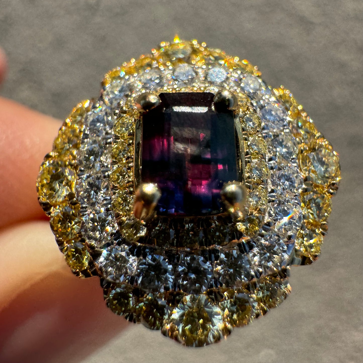 Brand New 14k Yellow Gold .73ct Natural Emerald Cut Unheated Winza Sapphire 1.04ctw Natural VS Yellow And White Diamond Ring (6.75)