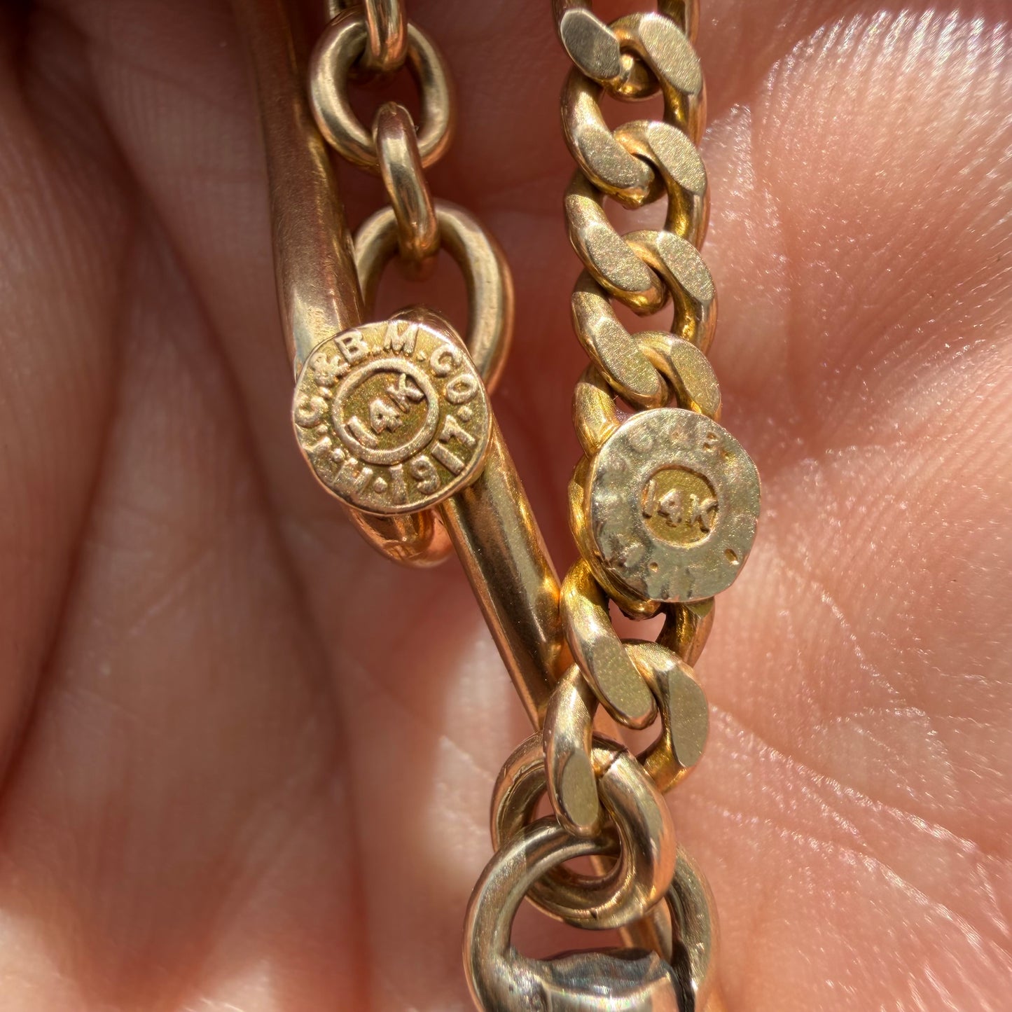 1917 Solid 14k Yellow Gold Double Albert Curb Link Watch Chain Necklace (22.5”)