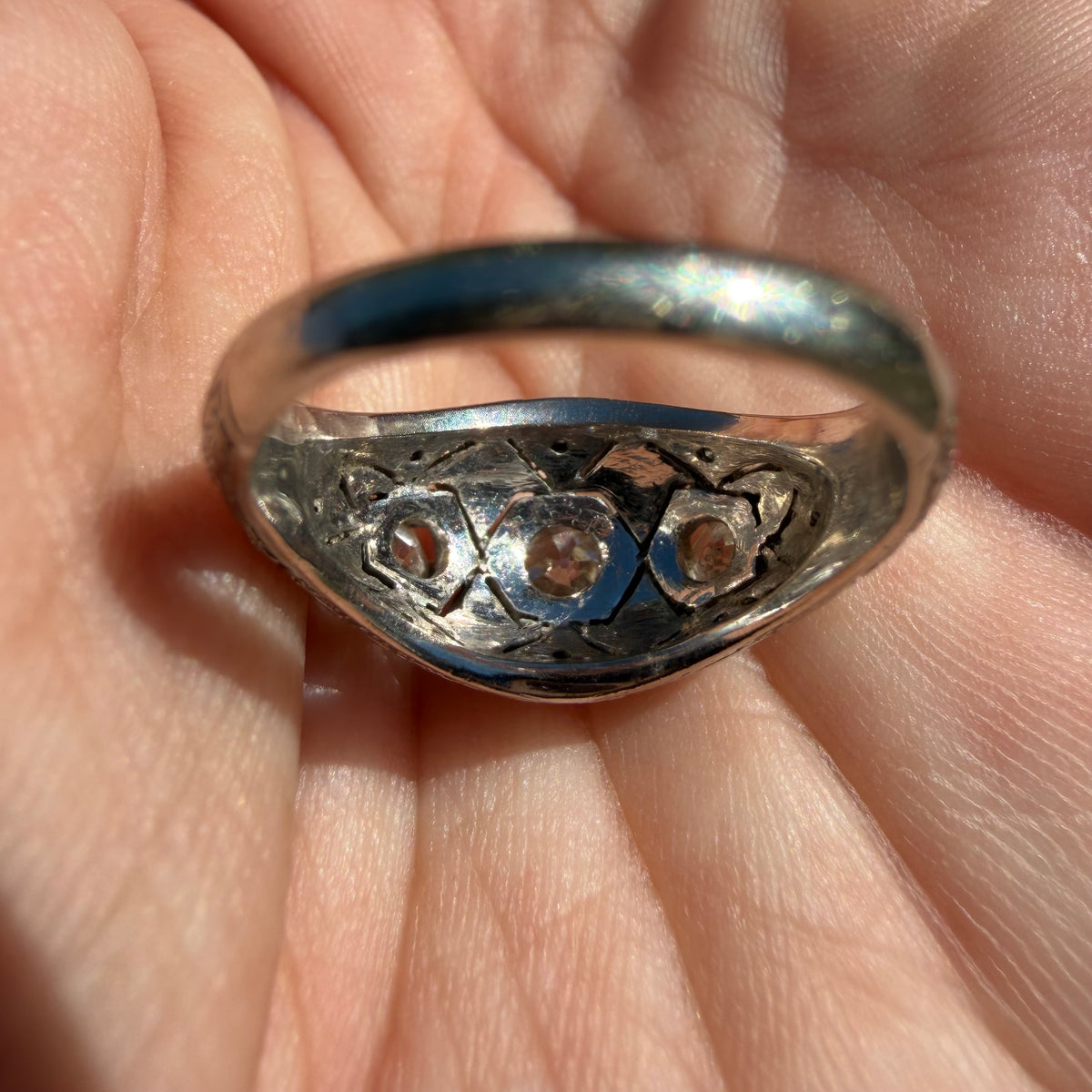 Art Deco Solid Platinum 1.0ctw Natural Old Euro Cut Diamond Trilogy Dome Ring (6.5)