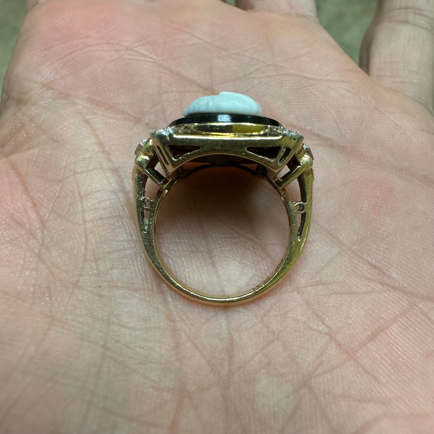 Art Deco 14k Yellow Gold And Platinum .25ctw Natural Diamond Athena (Goddess Of War) Cameo Ring (6.75)