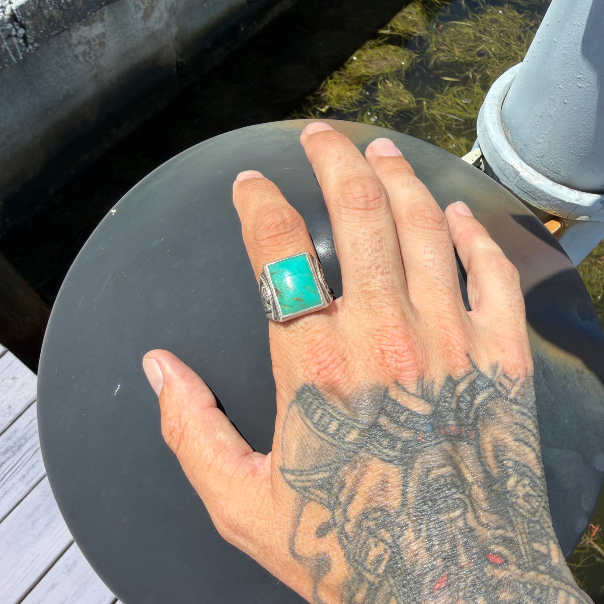1940’s/50’s Bell Trading Post Sterling Silver Large Turquoise Thunderbird Signet Ring (10.25)