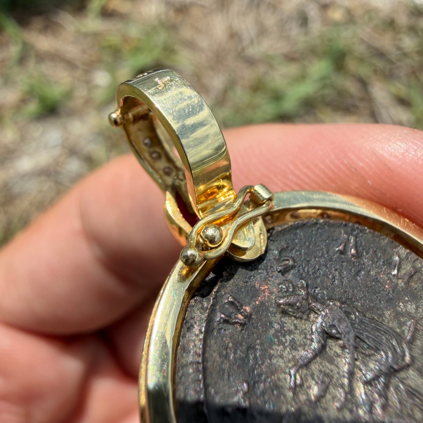 Vintage 14k Yellow Gold Natural Diamond and Ruby Ancient 275-276A.D Tacitus Roman Coin Pendant