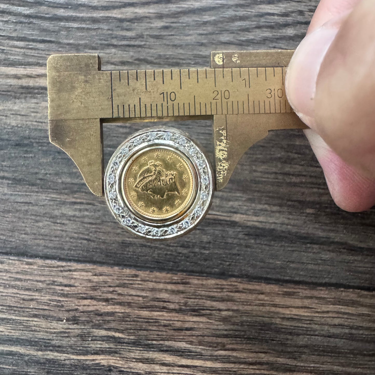 1853 $1 Gold Liberty Coin (22k) Solid 14k Yellow Gold Natural Diamond Halo Nugget Ring (7)