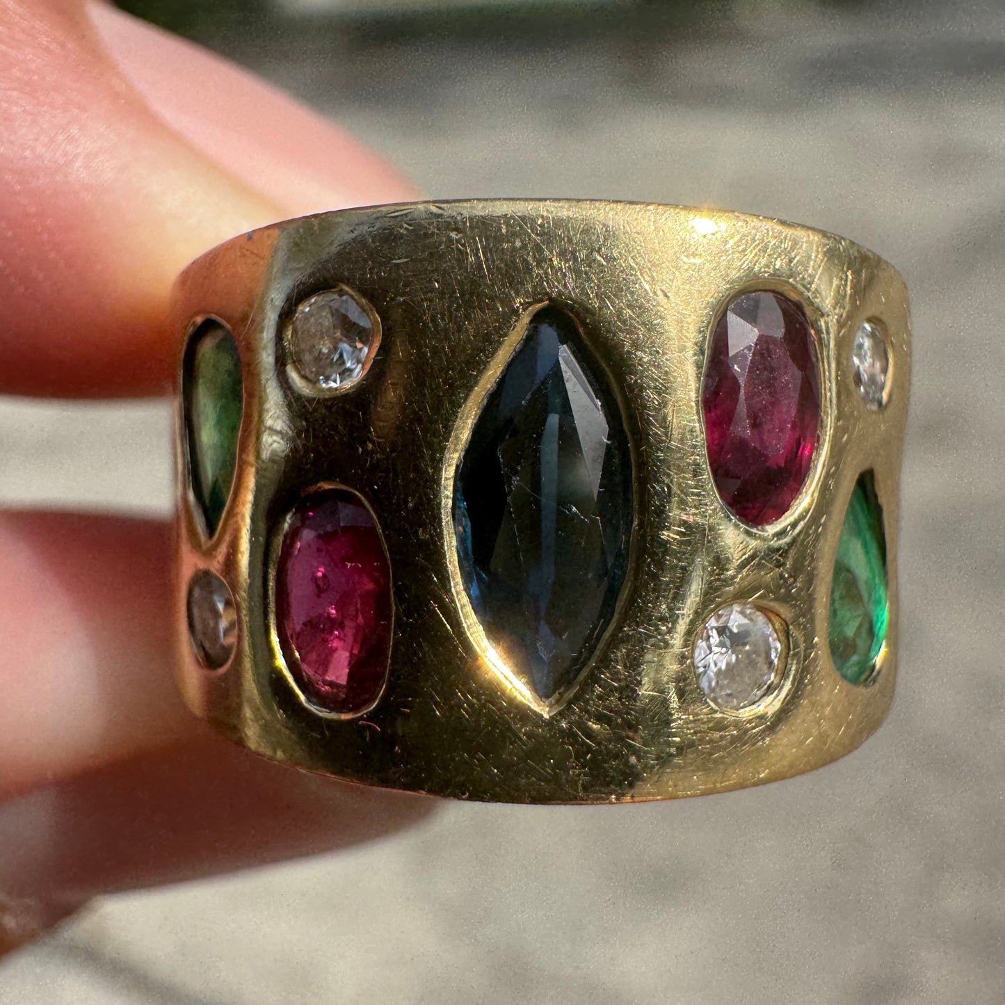 Custom Solid 18k Yellow Gold 2.35ctw Flush Set Natural Sapphire, Ruby, Emerald, And Diamond Tapered Cigar Band (7)