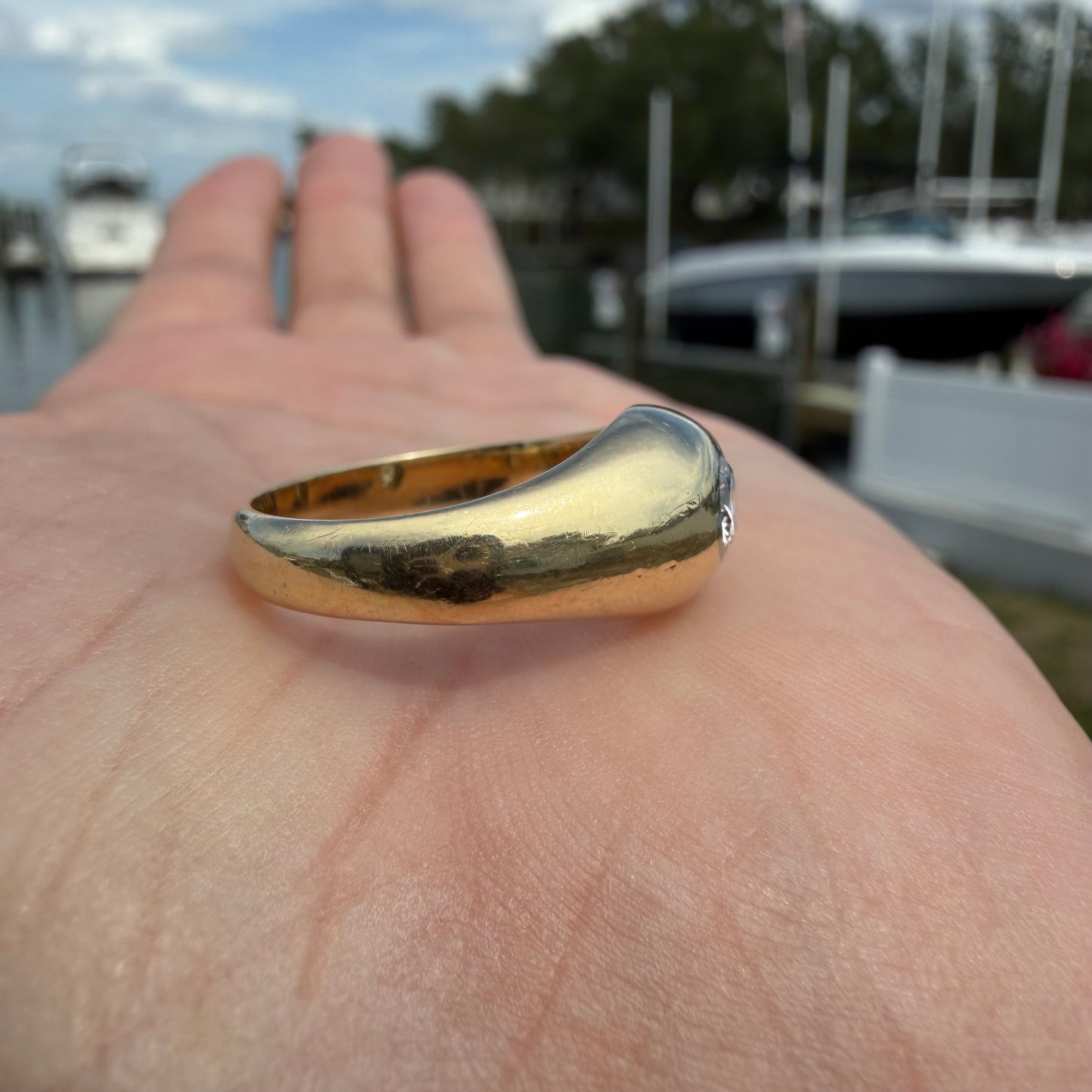 Art Deco Solid 14k Yellow Gold .40ct Natural VS Old Euro Cut Diamond Rub Over Gypsy Ring (8.5)
