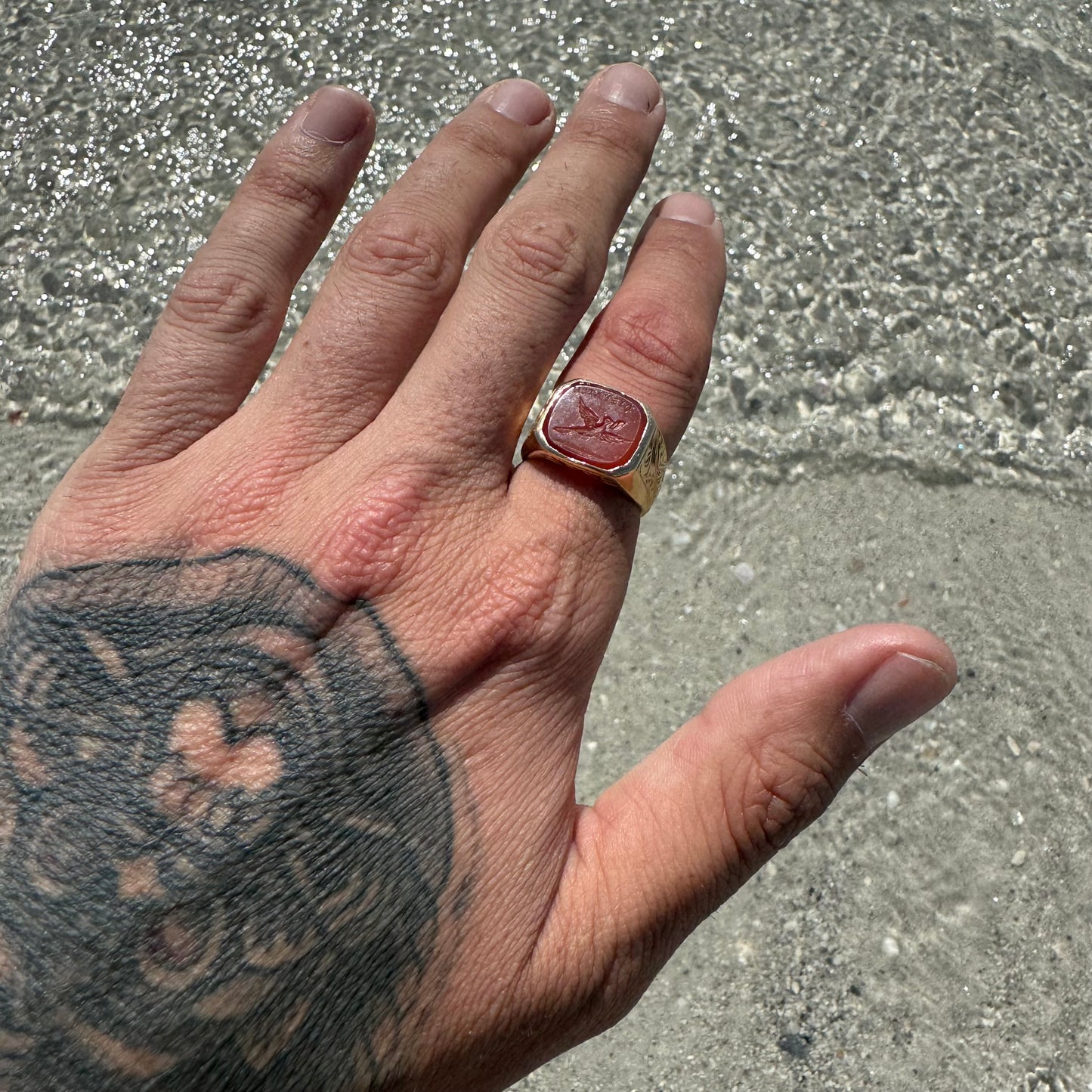 1800’s Victorian 14k Yellow Gold Carnelian Intaglio “Dispatch” Pigeon Post Signet Ring (7-7.5)