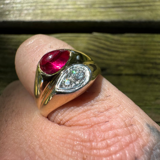 Vintage 14k Yellow Gold Tony Soprano Natural Diamond & Rhodolite Garnet Pinky Ring