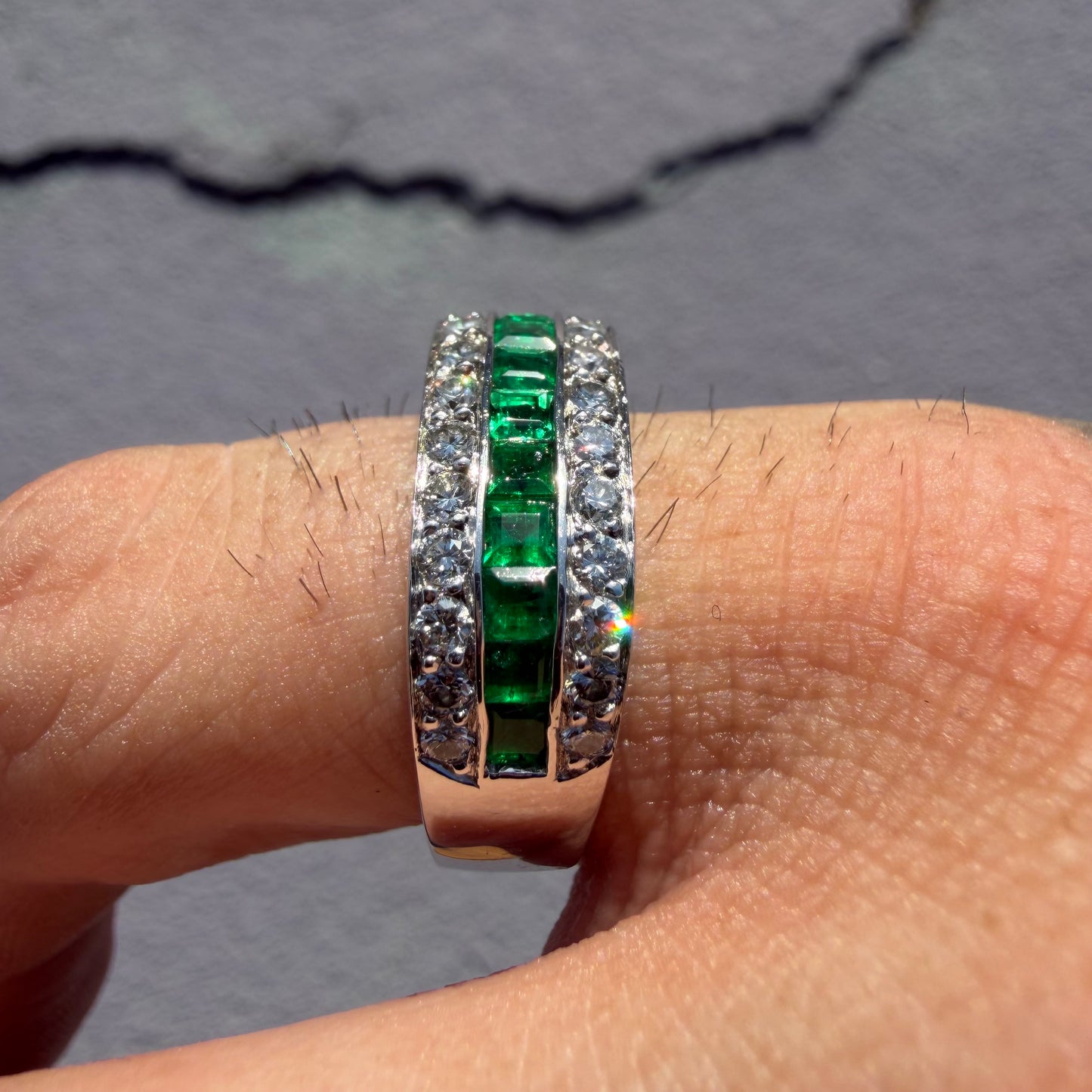 1980’s New Old Stock Solid Platinum 2.5ctw Natural Colombian Emerald and VS Diamond Ring (7.75)