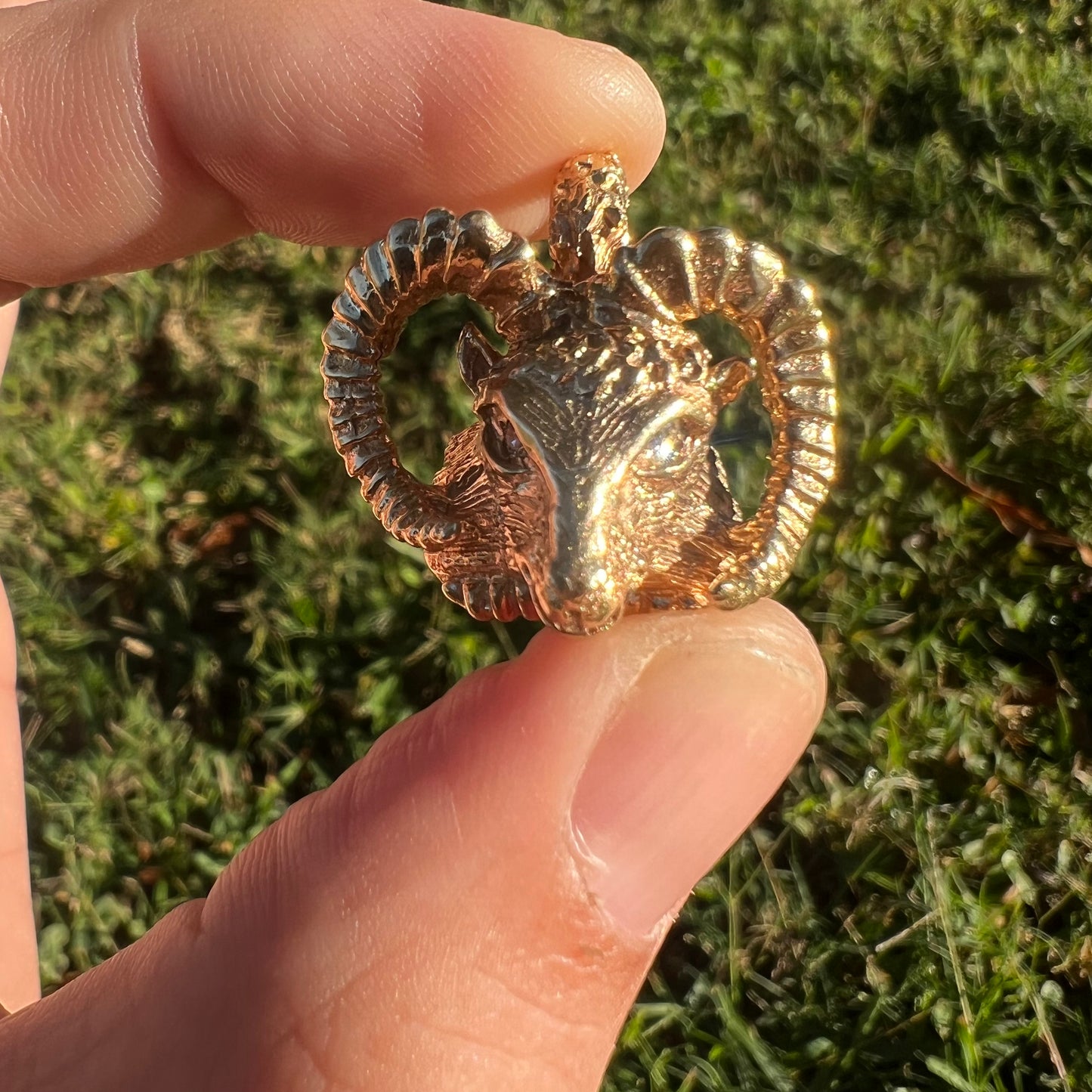 Vintage Solid 14k Yellow Gold Custom Diamond Encrusted Ram Pendant