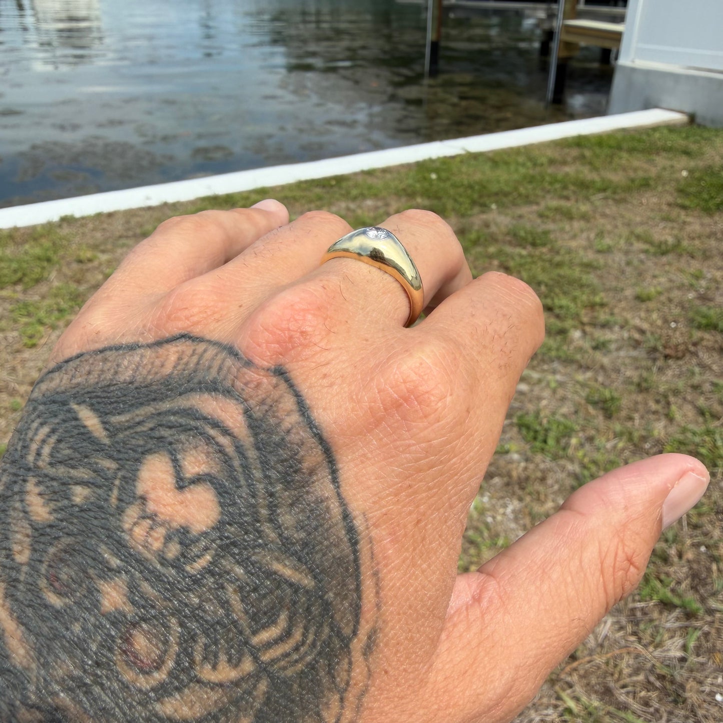Art Deco Solid 14k Yellow Gold .40ct Natural VS Old Euro Cut Diamond Rub Over Gypsy Ring (8.5)