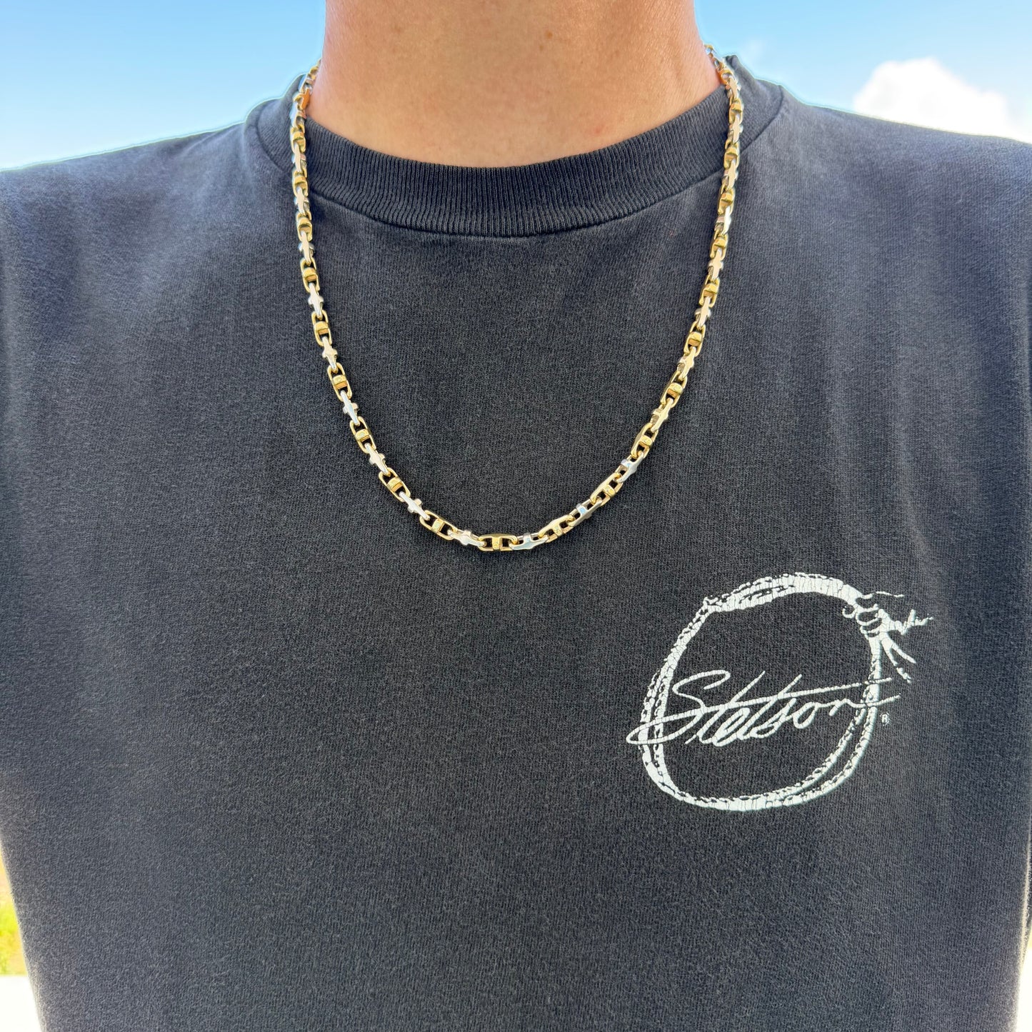 1980’s Solid 14k Two-Tone Yellow & White Gold Fancy Chaine D’ Ancre Mariner Link Necklace (22.5”)