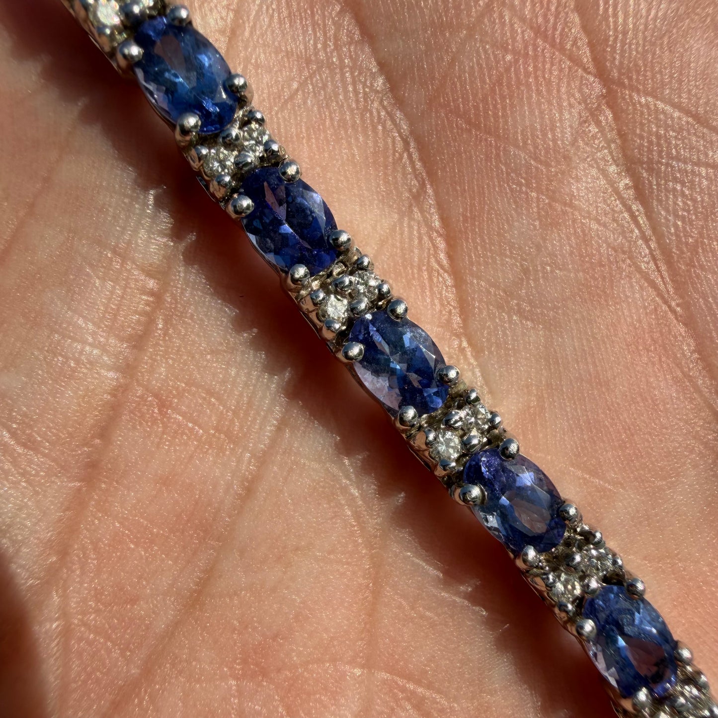 Vintage Solid 14k White Gold 11.0ctw Natural Tanzanite And Diamond Tennis Bracelet (7.15”)