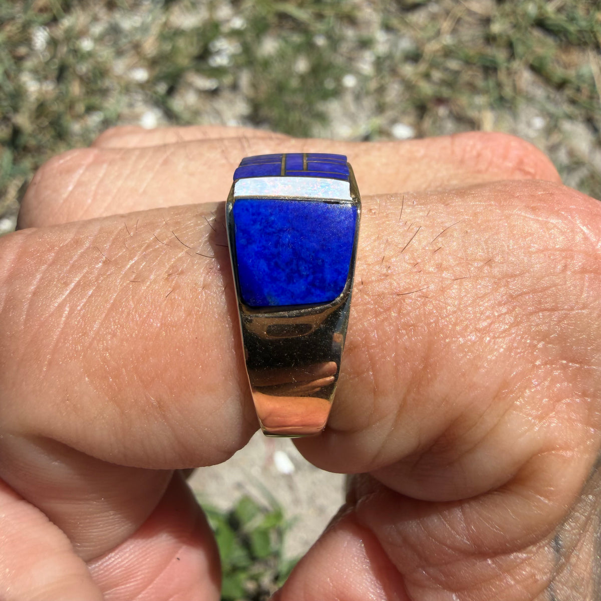 Vintage Solid 14k Yellow Gold Native Southwestern Artist Signed “Gay” Opal And Lapis Inlaid Signet Ring (10.5)