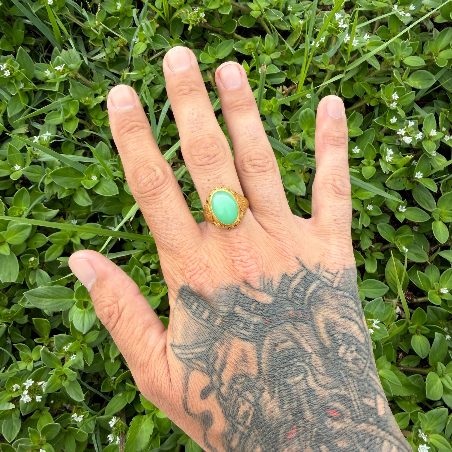 Antique Chinese Traditional 24k Yellow Gold 5.0ct Green Apple Jadeite Fu Ring (10.25)