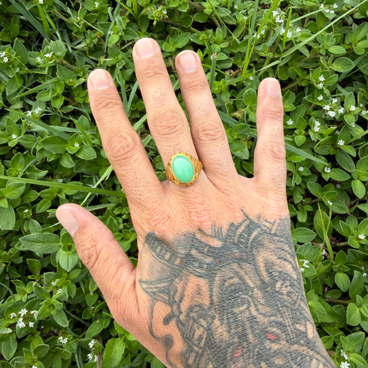 Antique Chinese Traditional 24k Yellow Gold 5.0ct Green Apple Jadeite Fu Ring (10.25)
