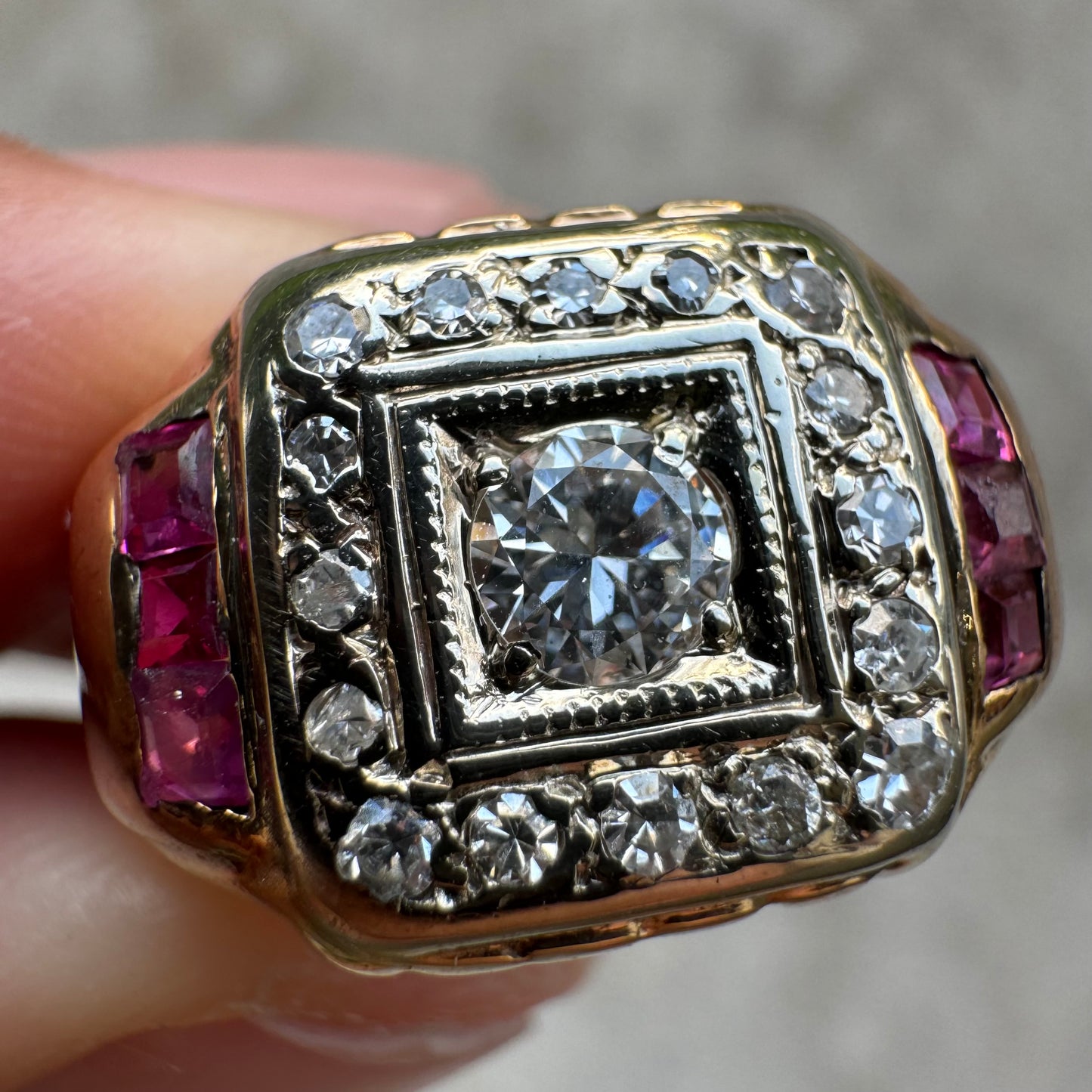 Mid Century Natural VS Quality Diamond And Ruby Mafioso Gents Ring (10.5)