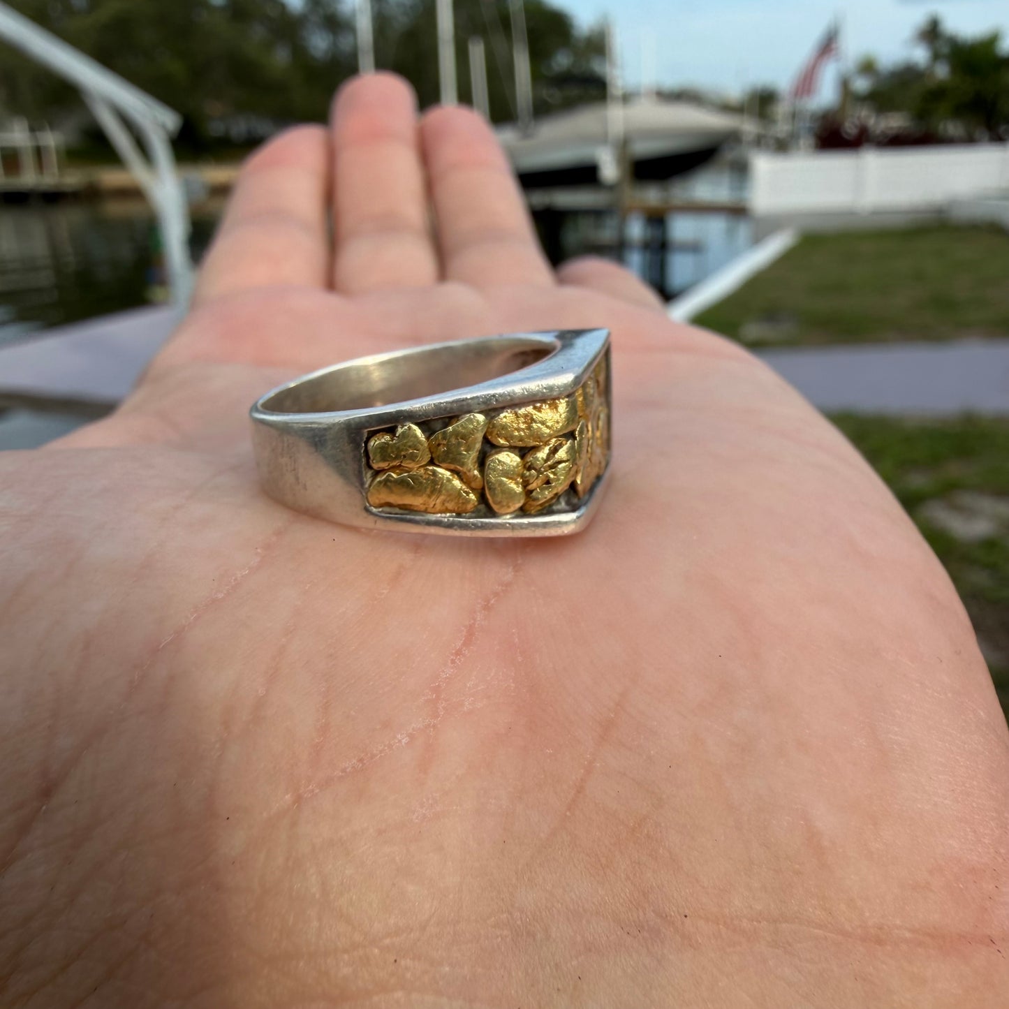 Vintage Solid Sterling Silver 23k Raw Natural Gold Placer Nugget Signet Ring (11)
