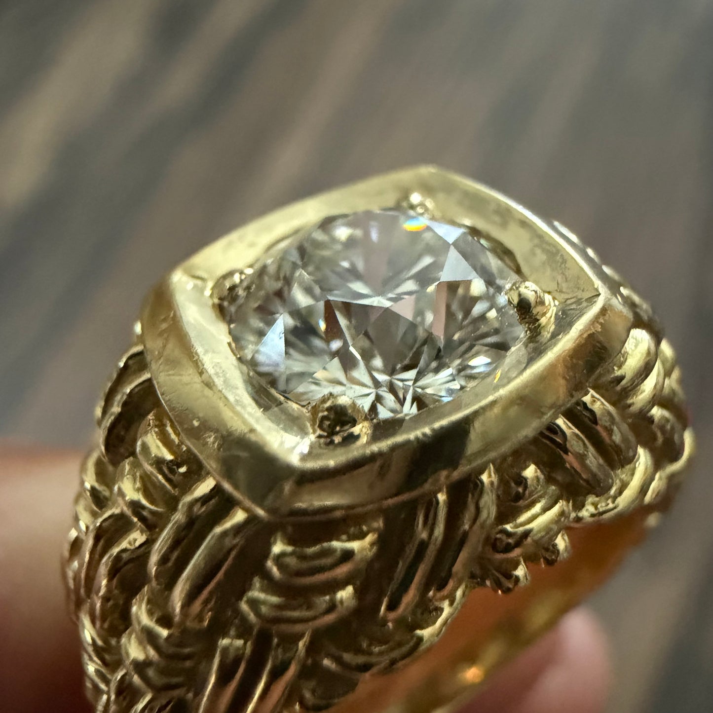 Vintage 2.0ct Natural VS1/I Old Euro Cut Diamond Solid 18k Yellow Gold Basket Weave Solitaire Ring(8)
