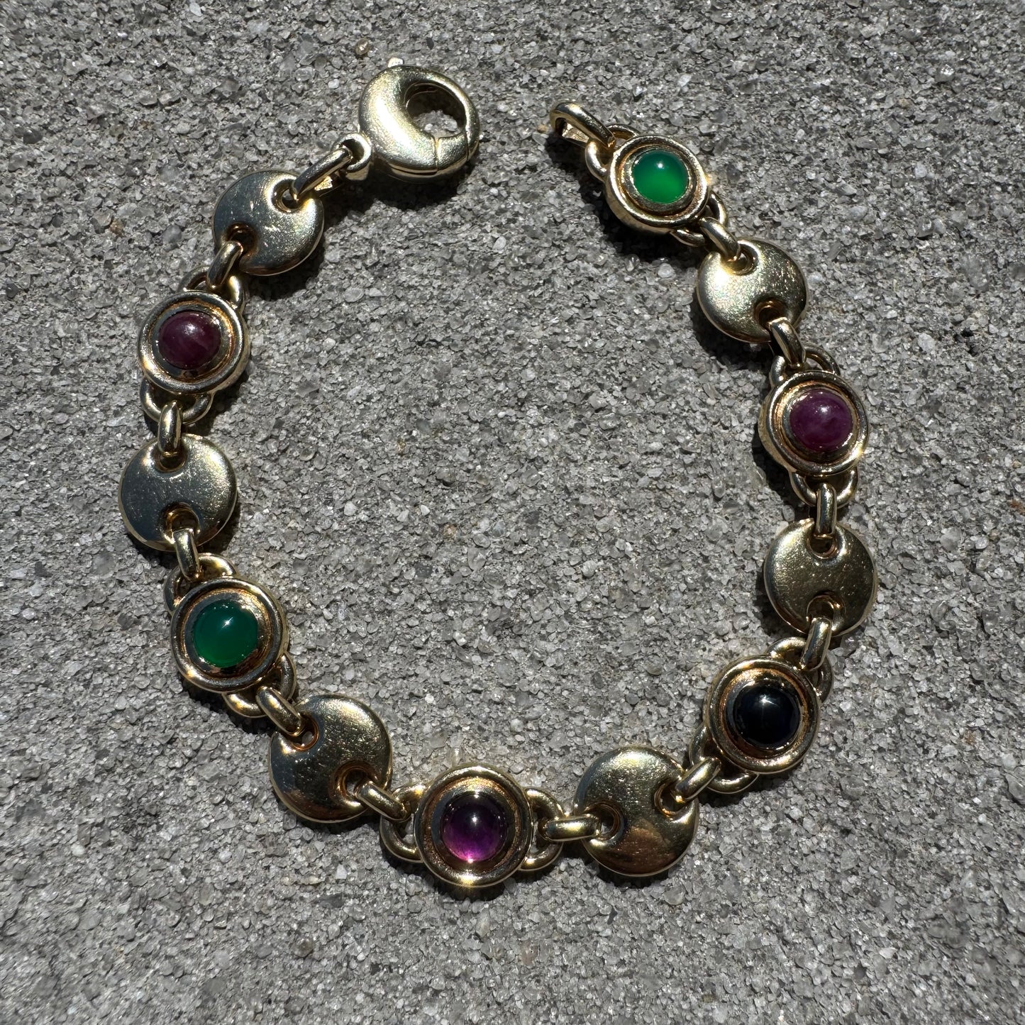 Vintage Solid 14k Italian Yellow Gold Bezel Set Multi Stone Heavyweight Puffed Gucci Bracelet (7.5”)