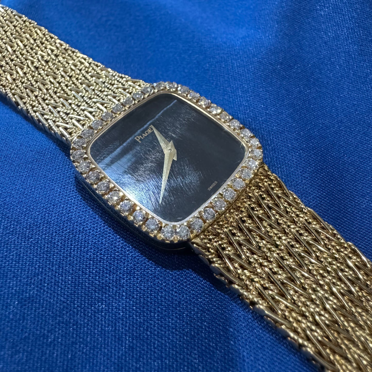 Late 1970’s/Early 1980’s Piaget Solid 18k Yellow Gold Factory Diamond Bezel Falcons Eye Stone Dial 9908 D11 Watch (7.5”)