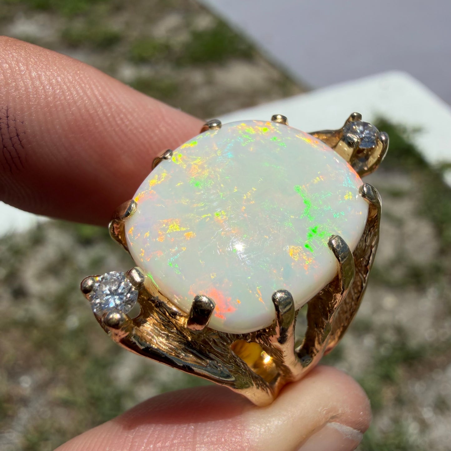 Vintage Artisan Crafted Solid 14k Yellow Gold Natural White Opal And Diamond Brutalist Ring (8)
