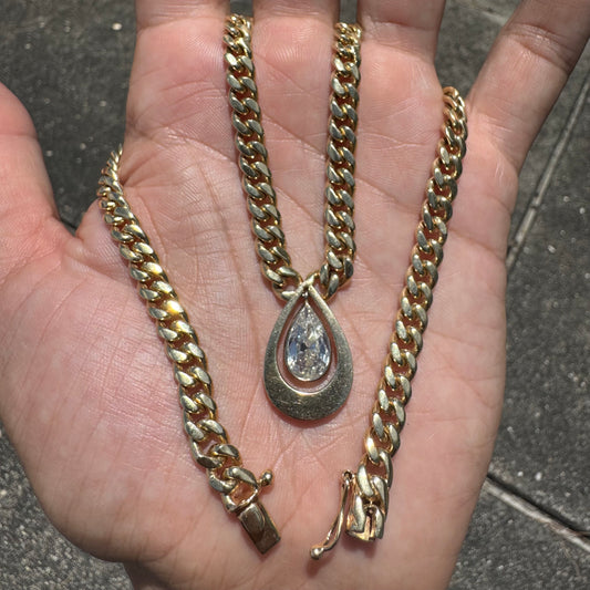 Vintage 1.78ct Natural Pear Cut Diamond Solitaire Solid 14k Yellow Gold Heavyweight Cuban Link Necklace (16”)