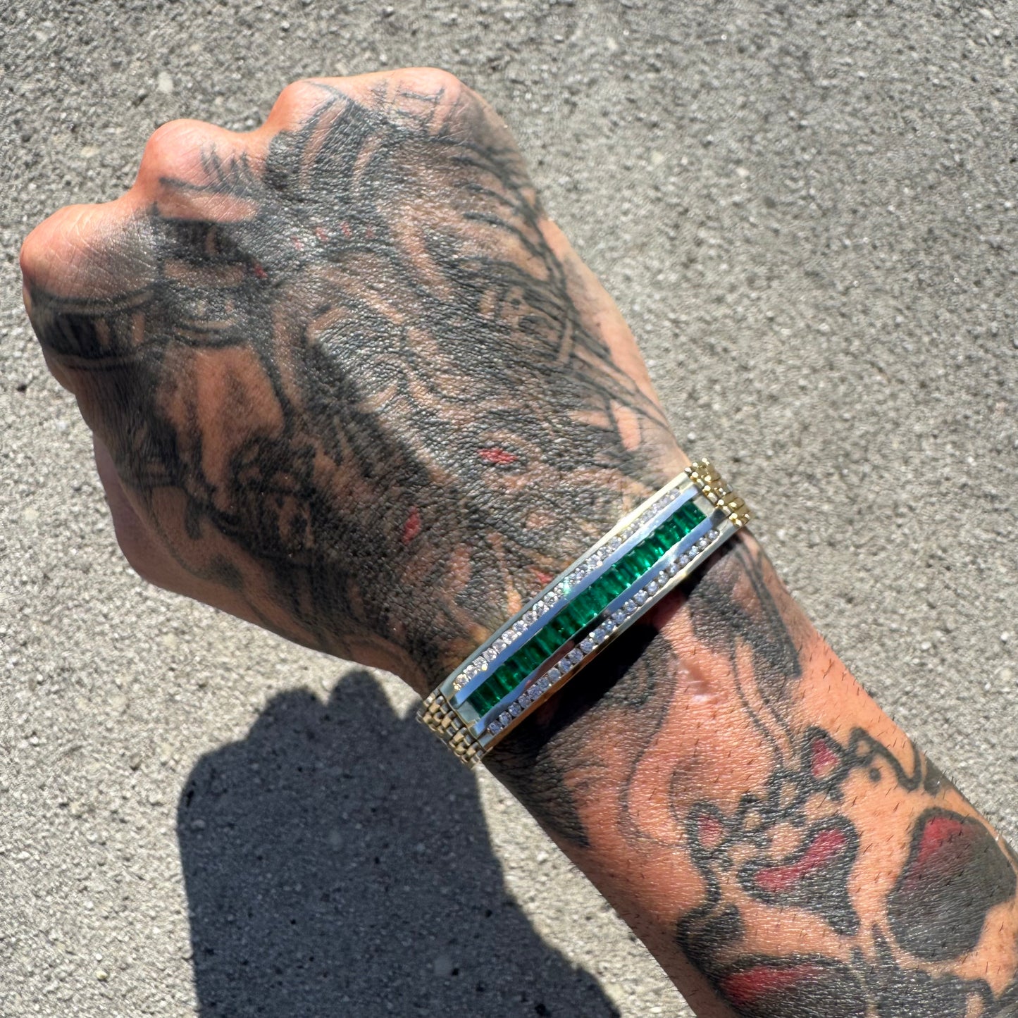 Vintage Heavyweight Solid 14k Yellow Gold 4ctw Natural Emerald And Diamond Panther Link ID Bracelet (7.75”)
