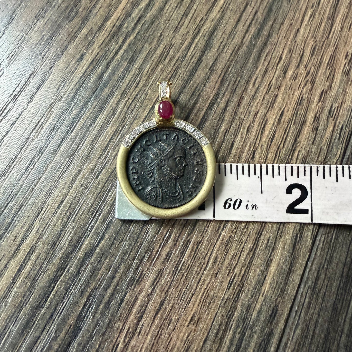 Vintage 14k Yellow Gold Natural Diamond and Ruby Ancient 275-276A.D Tacitus Roman Coin Pendant