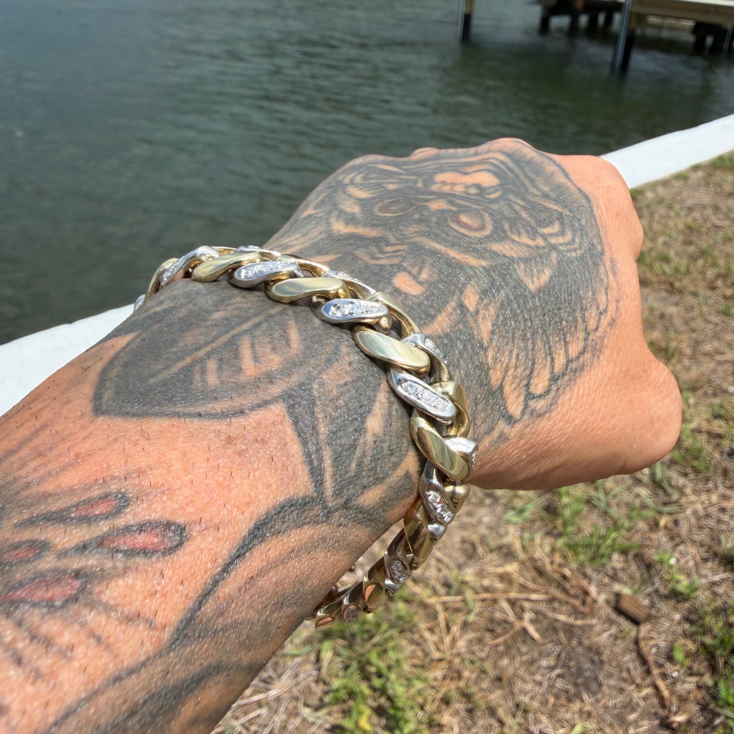 Vintage Solid 14k Two-Tone Yellow & White Gold Super Heavyweight 2.0ctw Natural Diamond Encrusted Cuban Link Bracelet (8”)
