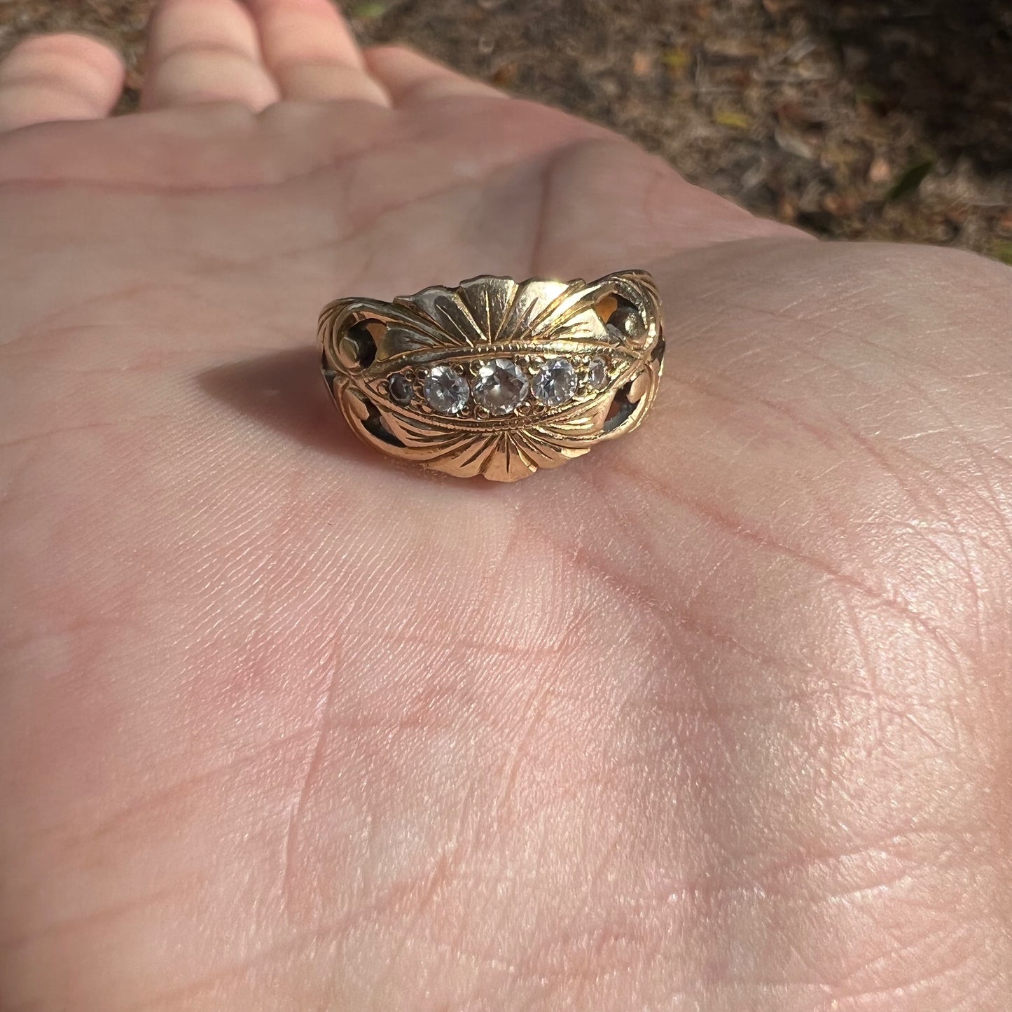 Early 1900’s Art Nouveau Solid 14K Yellow Gold Natural VS Diamond Hand Chased Scroll Ring (6)