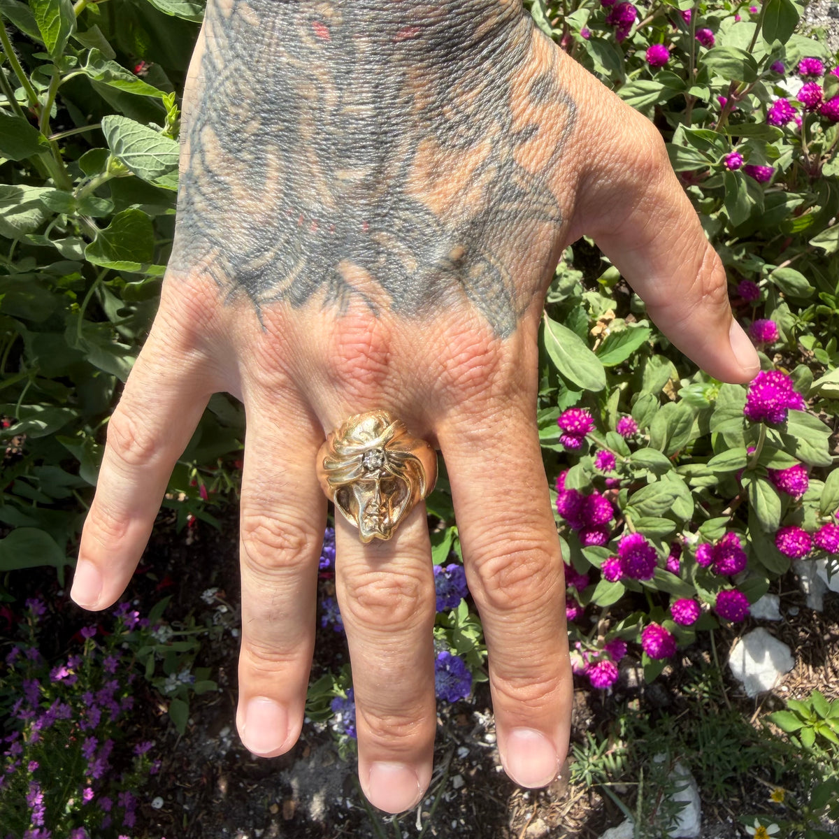 Mid-Century Solid 14k Yellow Gold Natural Diamond Heavyweight Soothsayer Ring (13)