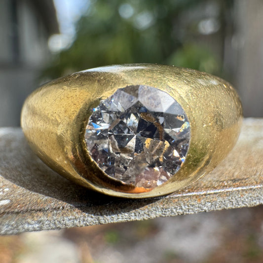 Antique Solid 18k Yellow Gold .91ct Old Euro Cut Diamond “Rub Over” Gypsy Ring (9.5)